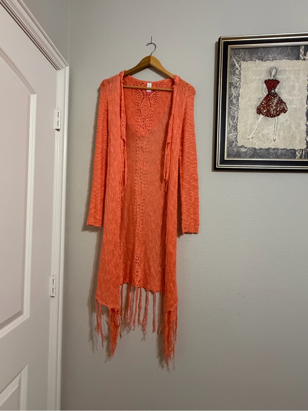 No Boundaries Coral Open Knit Fringe Sweater